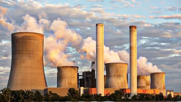 Nuclear power plant at sunset.